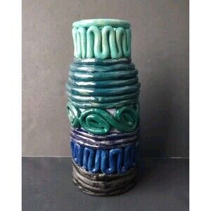Blue & Green 8" Coil Pottery Vase- Eclectic Textured Glazed Pot